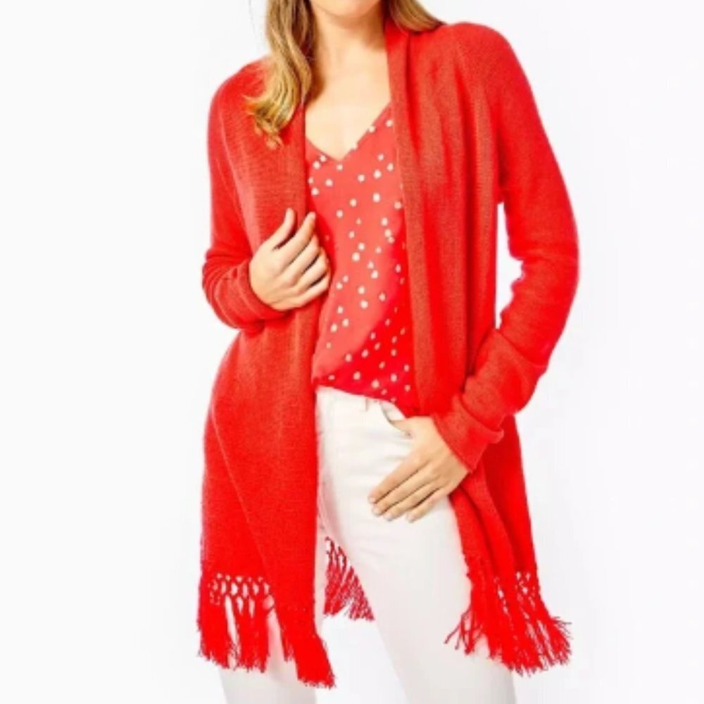 Lilly Pulitzer Tatum Cardigan Long Sweater Fringe Size XXL Ruby Red Metallic NWT